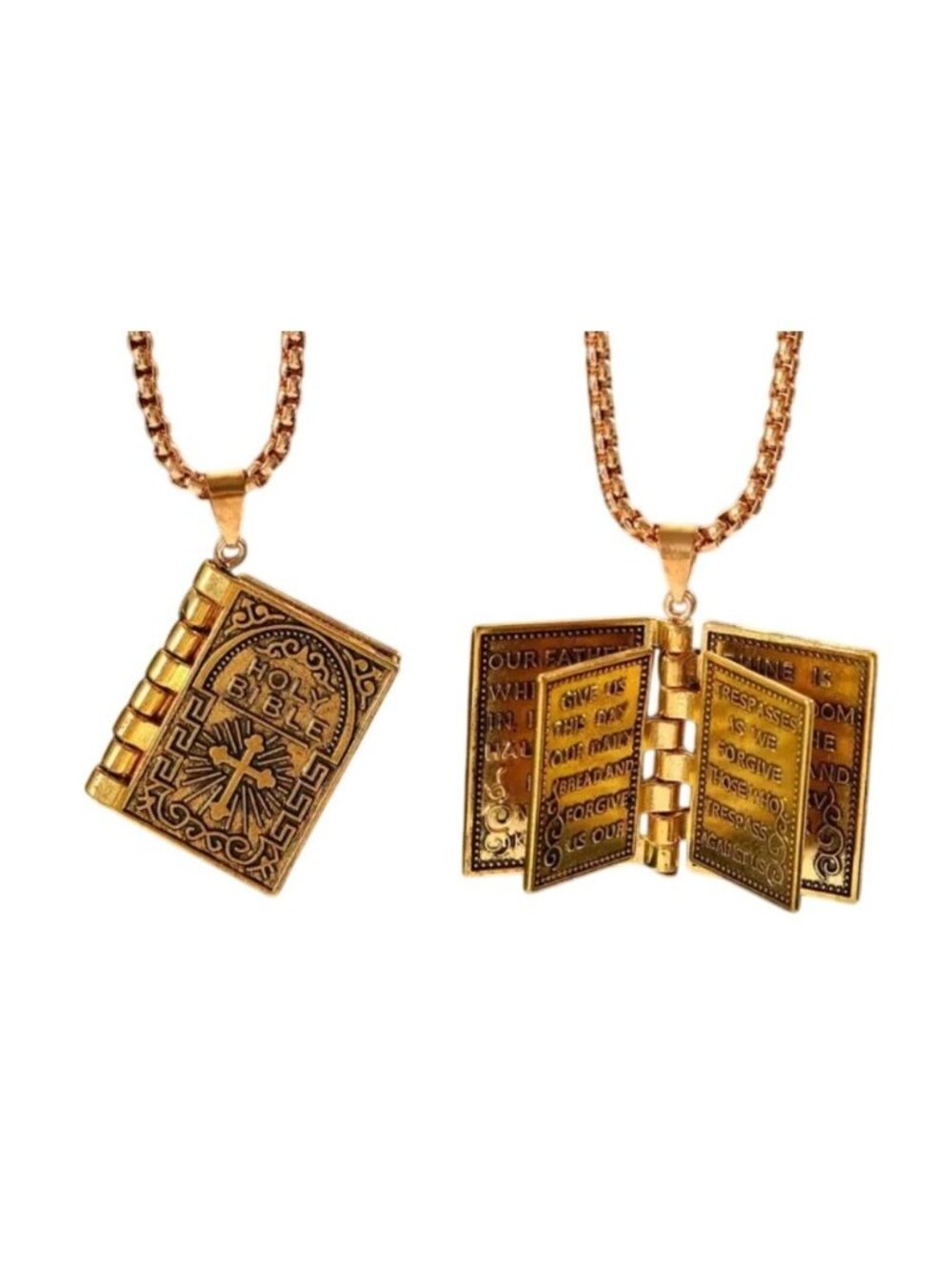 Gold Tone Bible Pendant Necklace With Flip-Page Design